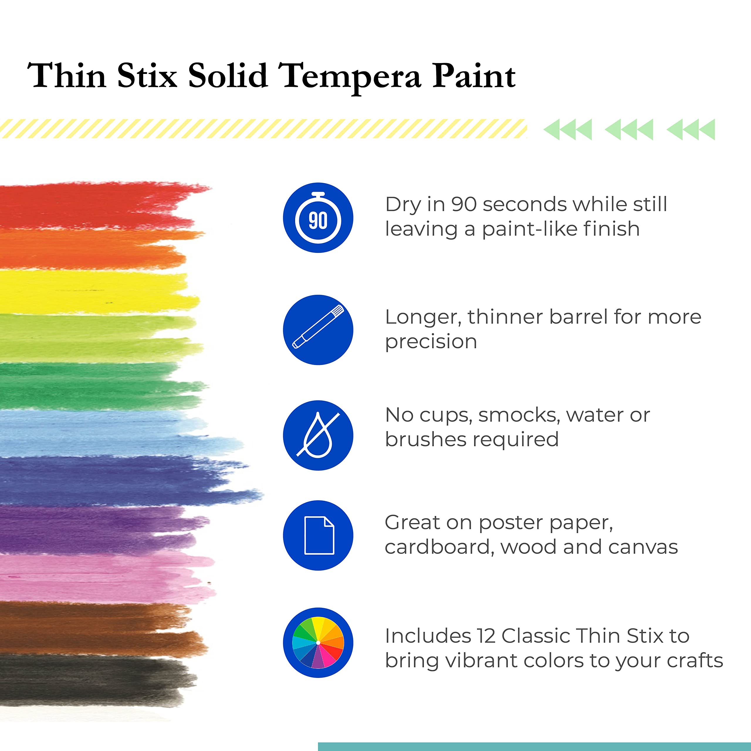 Kwik Stix Solid Tempera Paints, Thin Stix Paint Pens, Super Quick Drying, 12 Classic Colors for Children - 12 Pack - TPG-608