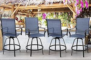 Shintenchi 4 Piece Outdoor Swivel Bar Stools, Patio Height Top Bar Stools Chairs Set of 4, All-Weather Textile Patio Bistro Bar high Chairs Set with High Back,Armrest for Lawn, Garden, Deck，Deep Blue
