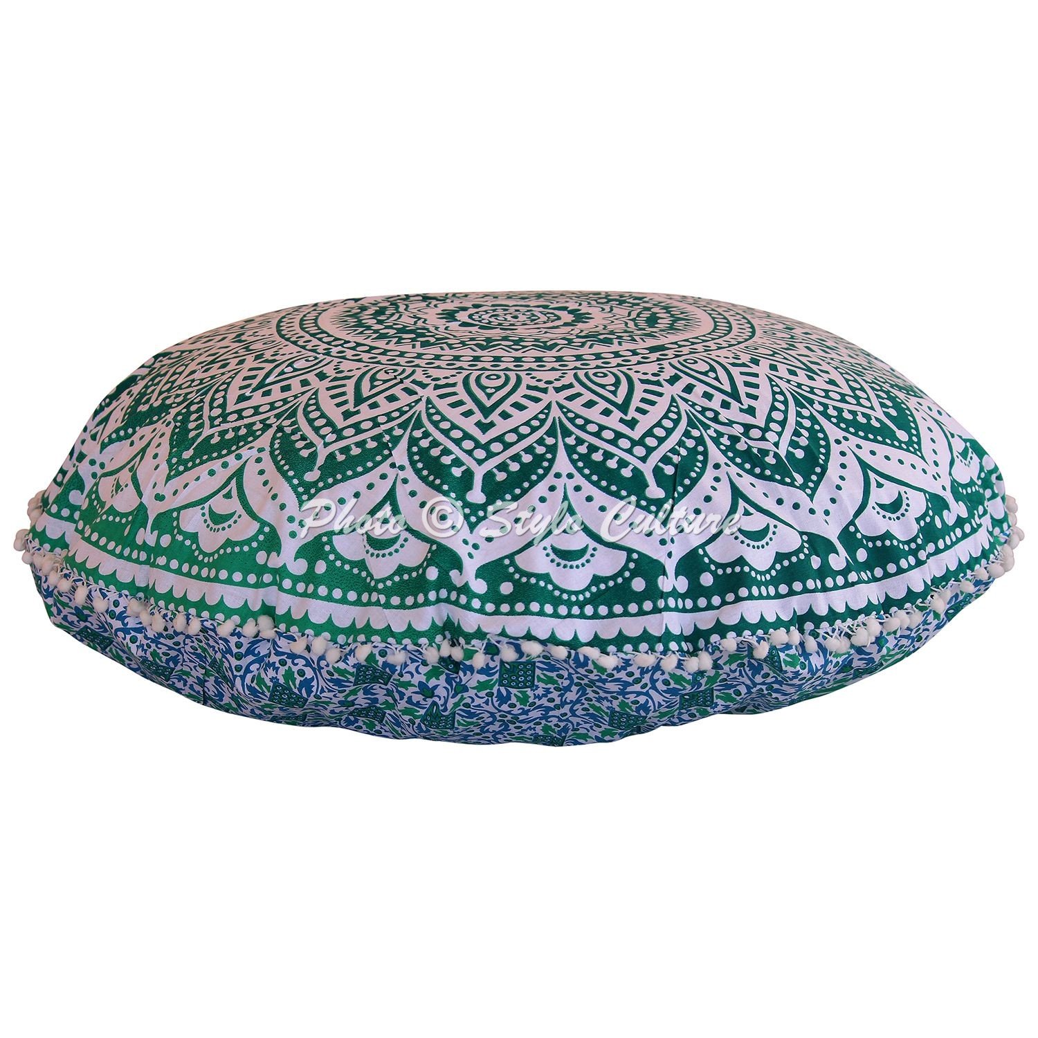 Stylo Culture Indian Round Floor Cushion Indian Throw Pillow Cover Green 80x80 cm Mandala Large Meditation Seat Pom Pom Lace Boho Extra Large 32 Inch Lounge Cotton Ombre Chair Seating Cover