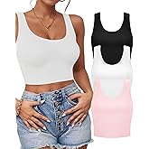 3Pcs Tank Tops for Women, U Neck Sleeveless Crop Tops, Basic Cropped Racerback Going Out Tops Athletic Sports Shirts, XL, Black/White/Pink