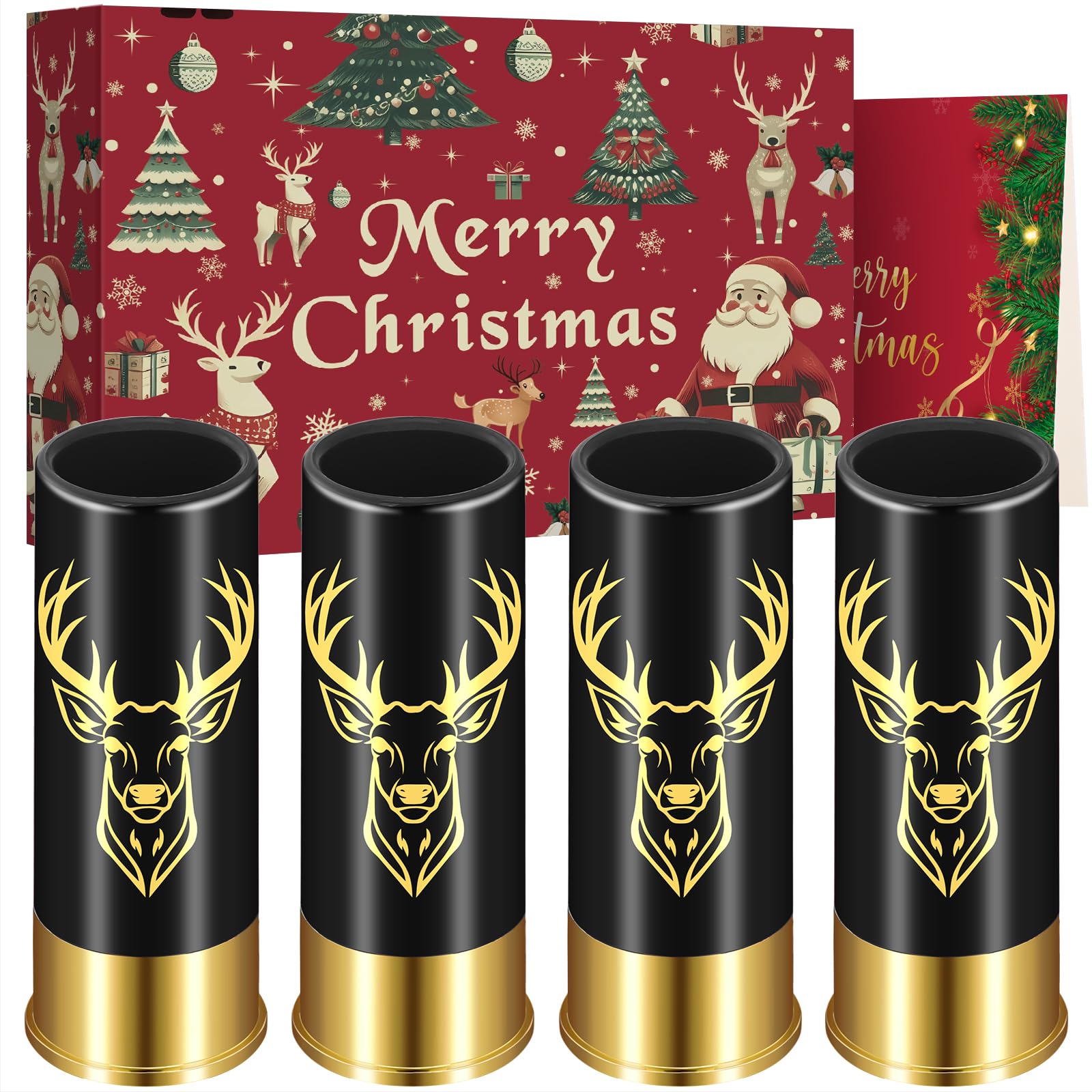 Deer Head Plastic Shot Glasses, Set of 4 with ChristmasGift Box, 12GA Stag Hunting Gifts, Novelty Shot Glasses for Wedding Party Gifts, Small Bullet Shot Cups for Whiskey Vodka Liquor, Black