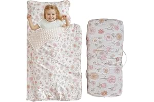 DUSHOW Floral Toddler Nap Mat with Zipper,Detachable Minky Blanket and Removable Pillow,Soft Slumber Bags for Girls,Kids Sleeping Bag for Daycare Preschool Kindergarten,Flower Toddler Sleeping Mat - Pink