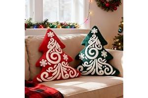 Lanpn Christmas Tree Pillows Set of 2, Christmas Decoration Winter Soft Cute 3D Shaped Xmas Tree Throw Cushion with Snowflake for Sofa Living Room Bedroom Xmas Decor (16x18 inch, Red & Green)