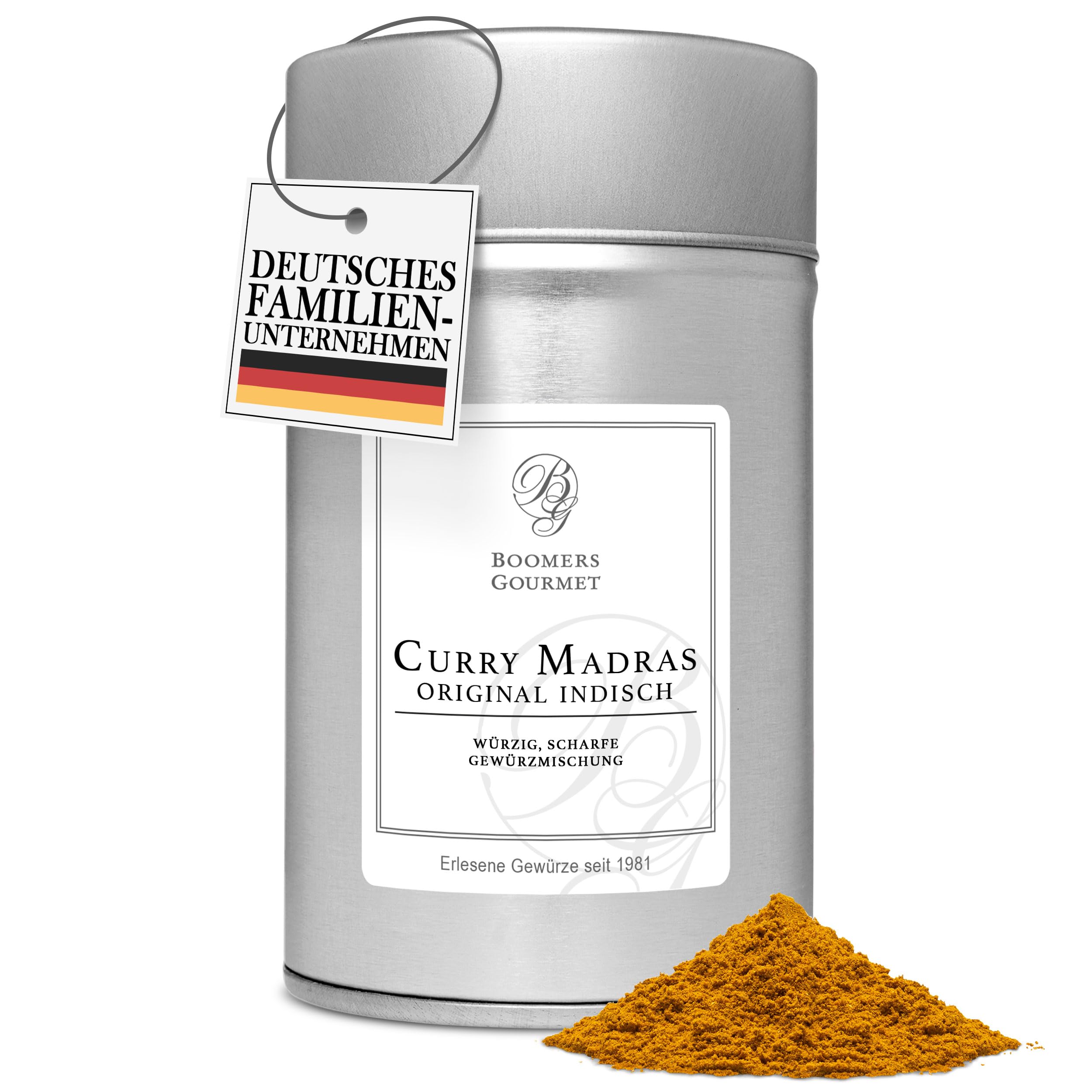 Boomers Gourmet - Premium Curry Madras, original indisch, scharfes Curry Pulver Gewürzmischung - Gewürzdose - 100 g