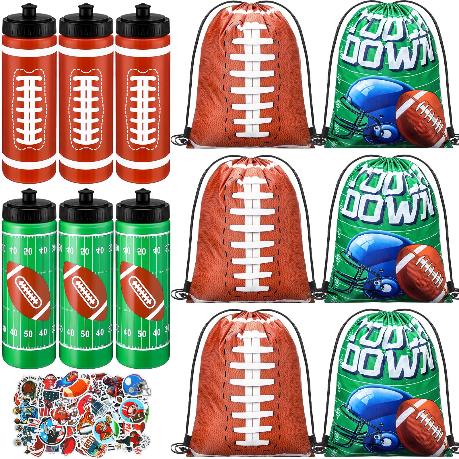 Photo 1 of 12 Pcs Football Water Bottle Football Drawstring Bag Set with 50 Sticker Football Party Favors 6 Reusable Sports Squeeze Water Bottle 20oz 6 Football Goodie Gift Bag for Football Team Gifts Gym