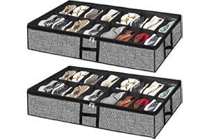 Meerainy Under Bed Shoe Storage Organizer for Closet 2 Pack Fits 32 Pairs Underbed Shoes Container Boxes with Sturdy H-Handles, Foldable Shoe Rack Holder,Black