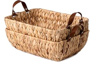 LAB COSI Labcosi Wicker Baskets for Organizing, Toilet Paper Basket Organizer, Water Hyacinth Towel Storage Baskets with Faux Leather Handles for Shelves, Large, Set of 2
