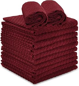 Talvania Red Kitchen Dish Towels, 100% Cotton Dobby Weave Terry Towel Set, 12 Pack Soft and Absorbent Multipurpose Dish Cloth, Hand Towel and All Kitchen Cleaning 15” X 25” Machine Washable (Red Pear)