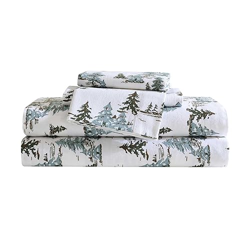 Eddie Bauer - Flannel Sheets Twin Size, Anti-Pilling & Wrinkle Resistant Cotton, Touchably Soft for All-Season Comfort - Bed Sheets with Matching Pillowcase & Fitted Sheet (Snowy Pine Trees Green)