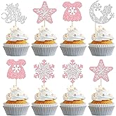 Gyufise 24Pcs Snowflake Oh Baby Cupcake Toppers Pink Silver Glitter Winter Girl Oh Baby Snowflake Cupcake Picks Shower Kids Birthday Christmas Party Cake Decorations Supplies