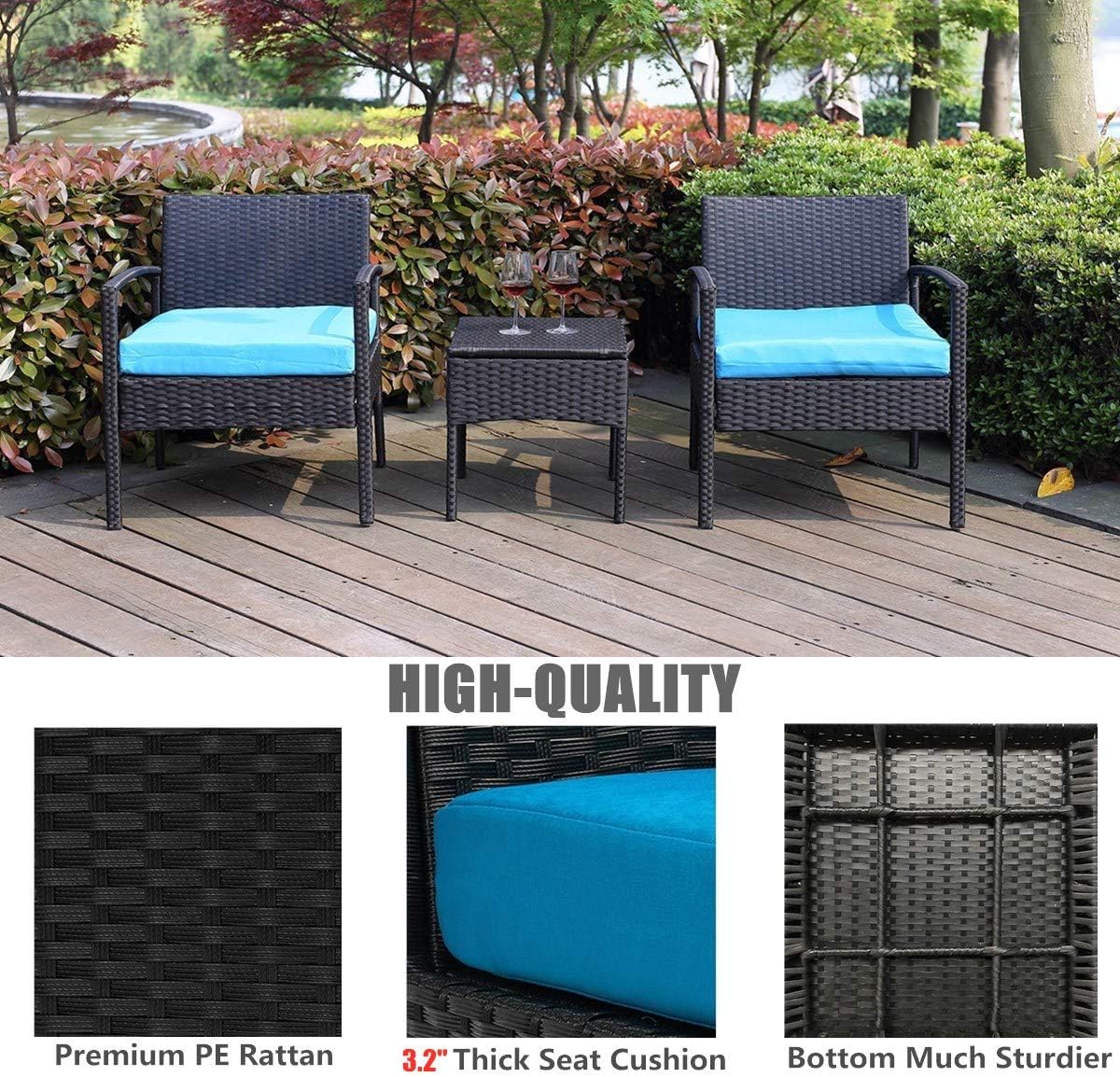 PCAFRS 3 Piece Patio Furniture Set, PE Rattan Wicker 3 Pcs, Outdoor Wicker Rattan Conversation Set with Coffee Table, Chairs & Thick Cushions, Conversation Chair Set for Garden, Porch, Poolside (Blue): Garden & Outdoor