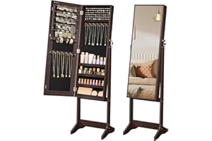 SONGMICS Mirror Jewelry Cabinet Armoire, Standing Full-Length Mirror, Lockable Jewelry Organizer, Gift Idea, Brown Surface and Black Lining UJJC69BR