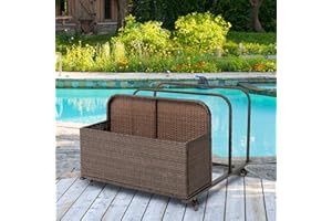 LUCKWIND Poolside Float Storage Organizer, Outdoor Rattan Pool Caddy with Wheels & Basket Holder for Patio, Pool, Garden Sturdy & Movable (Dark Brown)