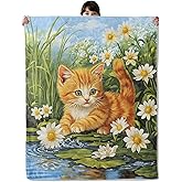 onlcuk Cat Flower Blanket, Cozy Flannel Playful Floral Pond and Kitten Blankets, All Season Soft Throw for Travel Home Decor, Lightweight Sofa Bed Throws, Gifts for Women Girls Animal Lovers, 50"×60"
