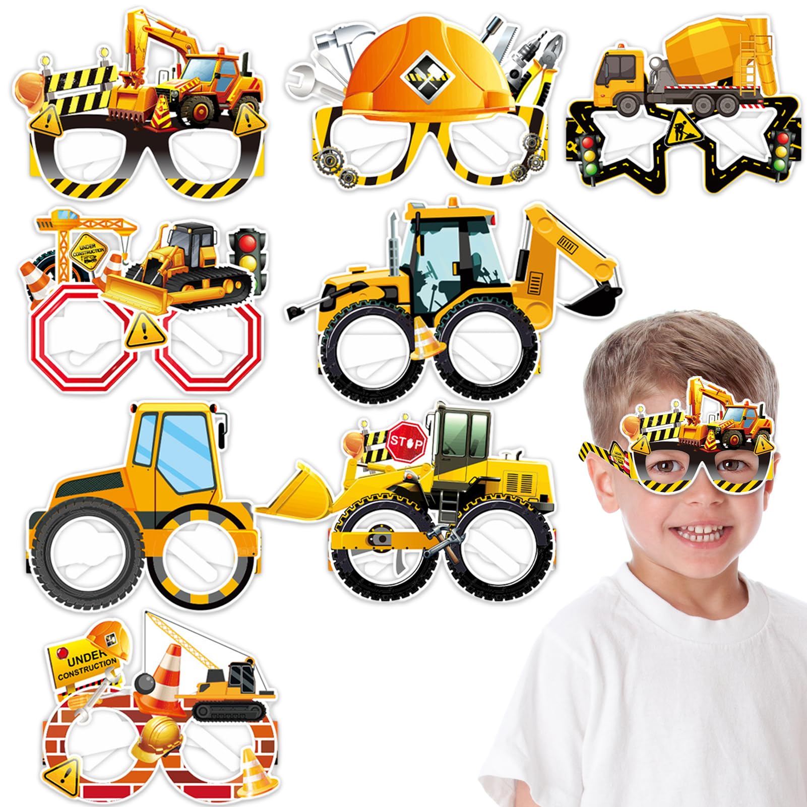 Qpout 16pcs Construction Party Decorations,Excavator Vehicle Paper Eyeglasses Frame,Dump Tractor Transportation Photo Booth Props Glasses for Boys Construction Birthday Party Favors Supplies