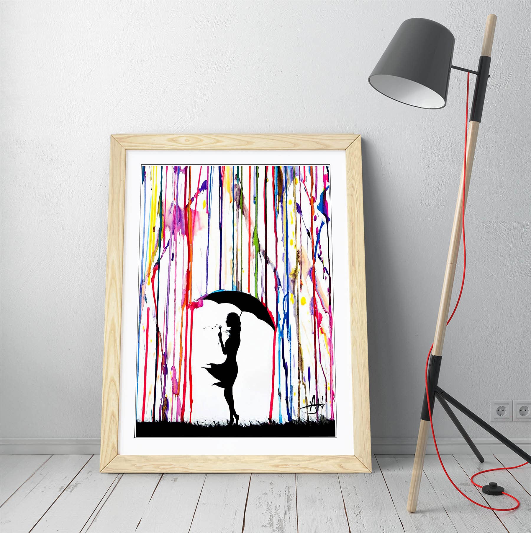 Banksy Umbrella Girl Wall Art – Framed Picture Print – Premium Graffiti Street Art – A3 Size in Oak Frame