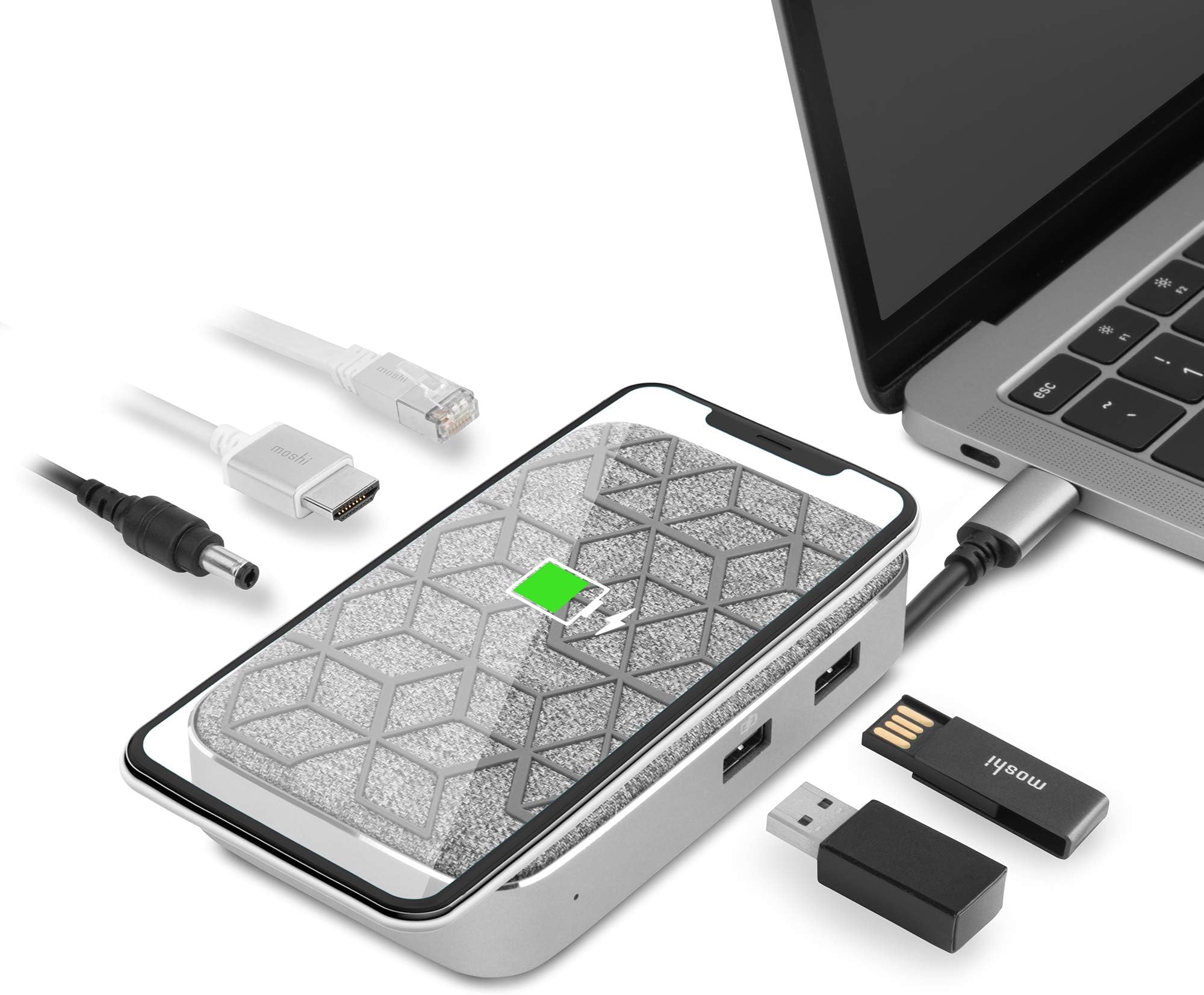Moshi Symbus Q USB C Hub, 6-in-1 Docking Station with 15W Wireless Charger for iPhone 12 Series, AirPods Pro/Galaxy/Pixel, HDMI 4K HDR, USB C PD Fast-Charging 60W, Dual USB-A, Gigabit Ethernet Port