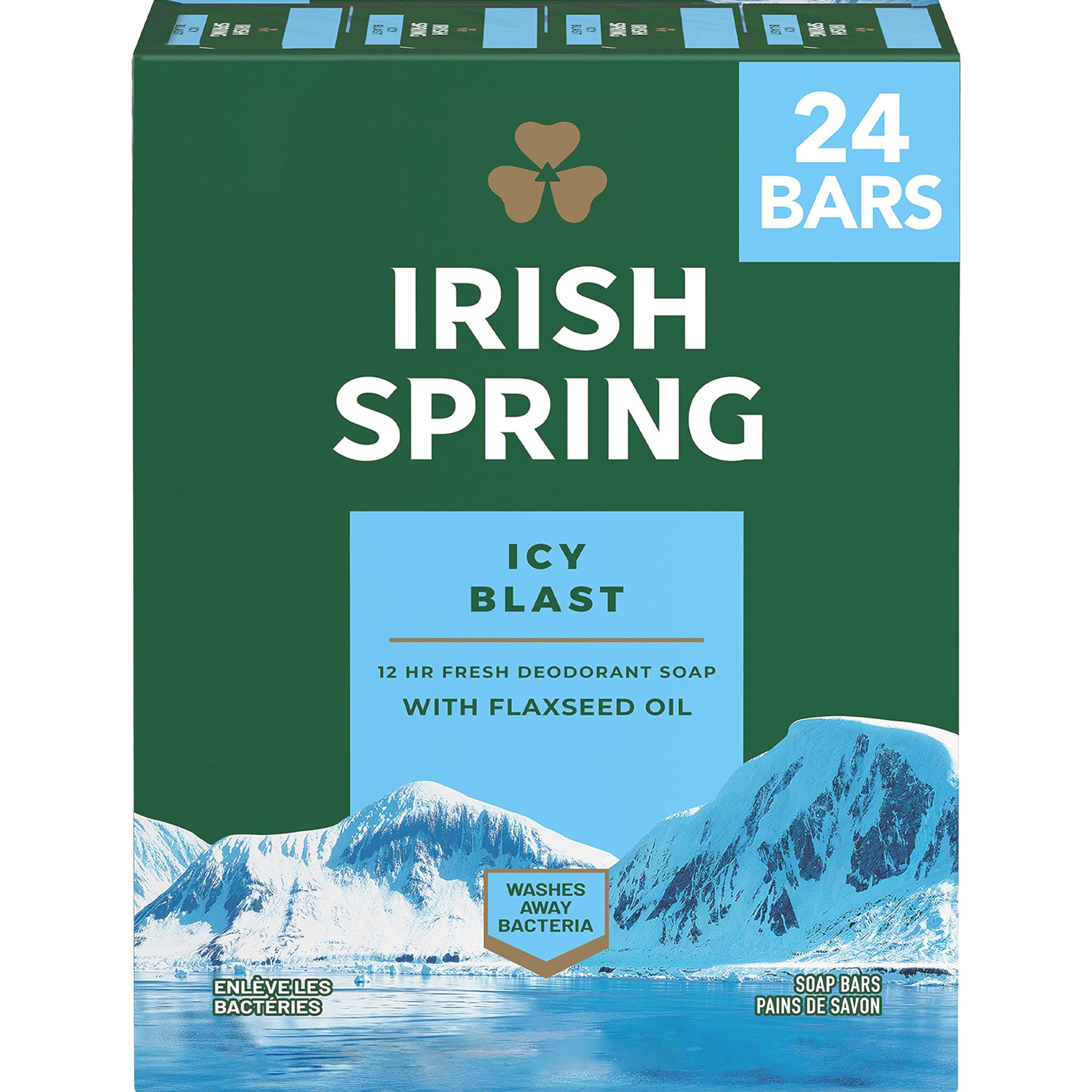 Irish Spring Icy Blast Bar Soap for Men, Mens Soap, Smell Fresh and Clean 12 Hours, Men Bars Washing Hands Body, Mild Skin, Recyclable Carton, 24 Pack, 3.7 Oz