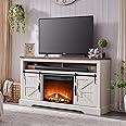 OKD Fireplace TV Stand for 65+ Inch TV, 33" Tall Highboy Farmhouse Entertainment Center w/ 23'' Electric Fireplace, Rustic Media Console w/Sliding Barn Door for Living Room, Antique White