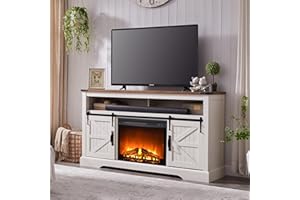OKD Fireplace TV Stand for 65+ Inch TV, 33" Tall Highboy Farmhouse Entertainment Center w/ 23'' Electric Fireplace, Rustic Media Console w/Sliding Barn Door for Living Room, Antique White