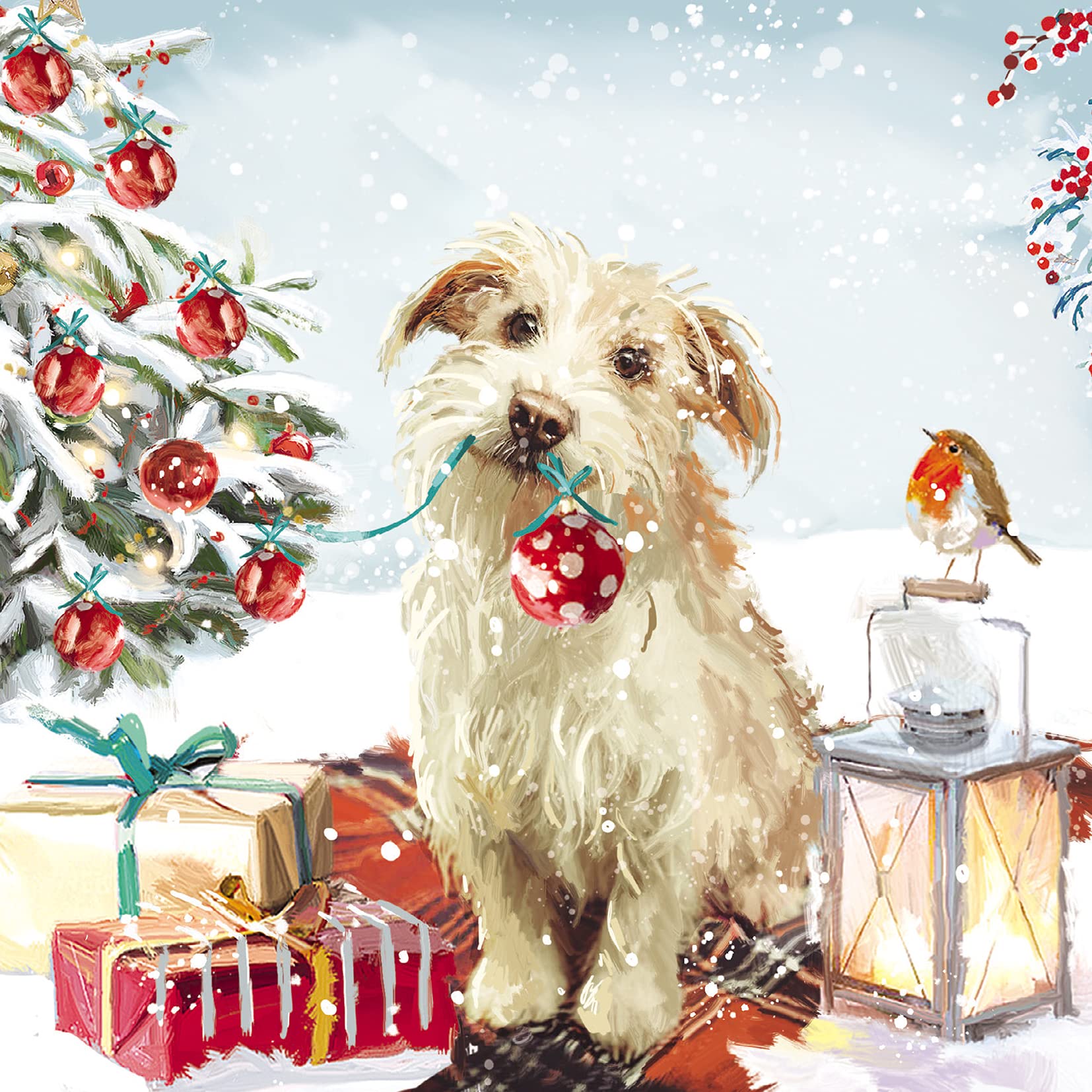 Ling Design Pack of 6 Charity Christmas Cards - 'Christmas Helper' - Lovely Design with Cute Dog & Robin - 6 Cards of 1 Design