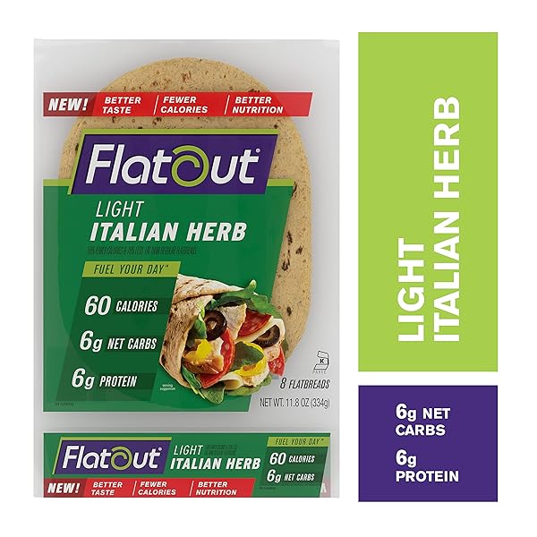 FLATOUT FLATBREAD, LIGHT ITALIAN HERB WRAPS, PERFECT FOR USE AS SANDWICH BREAD, PIZZA CRUST, TORTILLAS, WRAPS AND MORE, 8 FLATBREADS