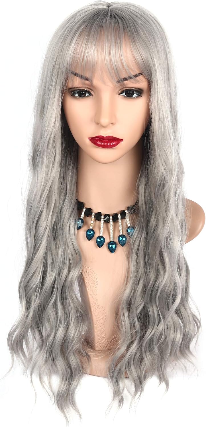Chisu Synthetic Wigs With Bangs For Women Glueless Wigs Long Wavy Style Wig Middle Part 26inches Silver Grey Color