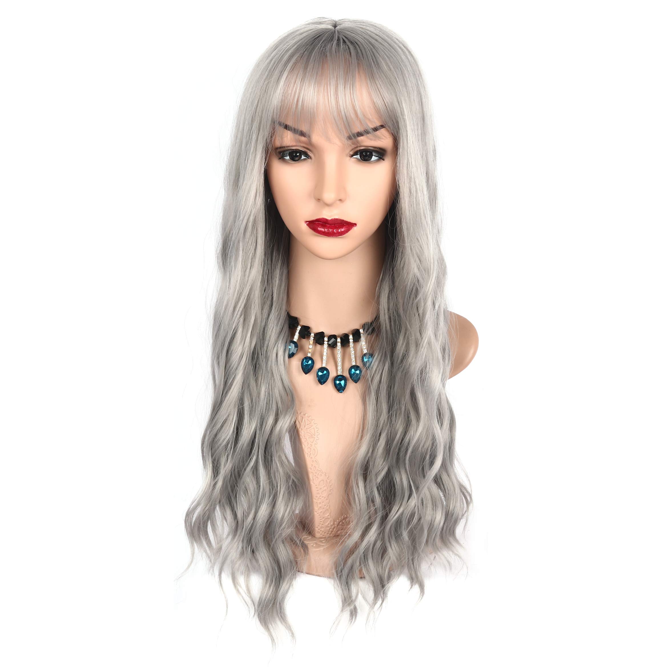 Chisu Synthetic Wigs With Bangs For Women Glueless Wigs Long Wavy Style Wig Middle Part 26inches Silver Grey Color