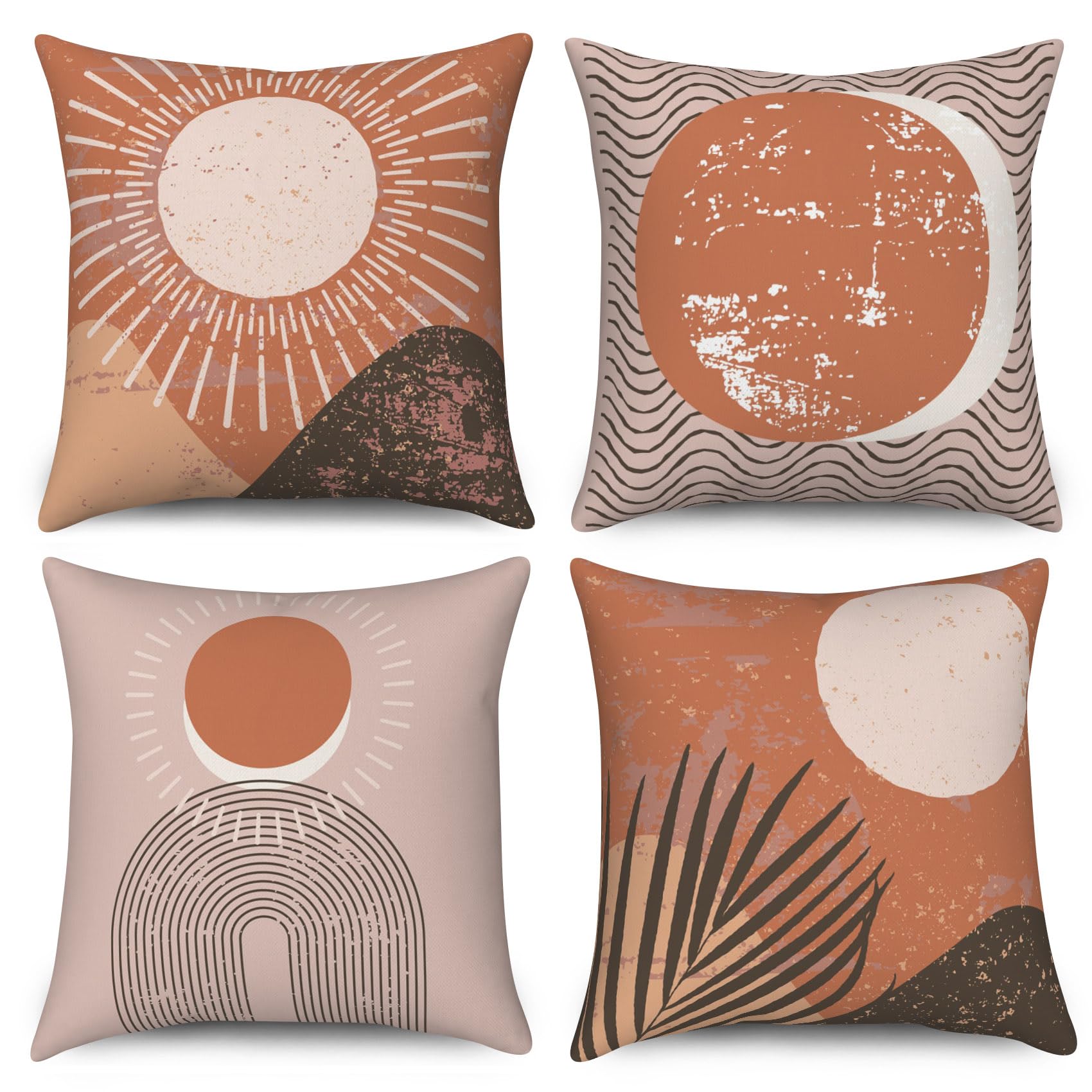 Photo 1 of Ruelvth Boho Pillow Covers 16x16 Inch, Abstract Sunrise Throw Pillow Covers Terracotta and Beige Linen Pillow Cases for Sofa Couch Car, Set of 4 (No Inserts)