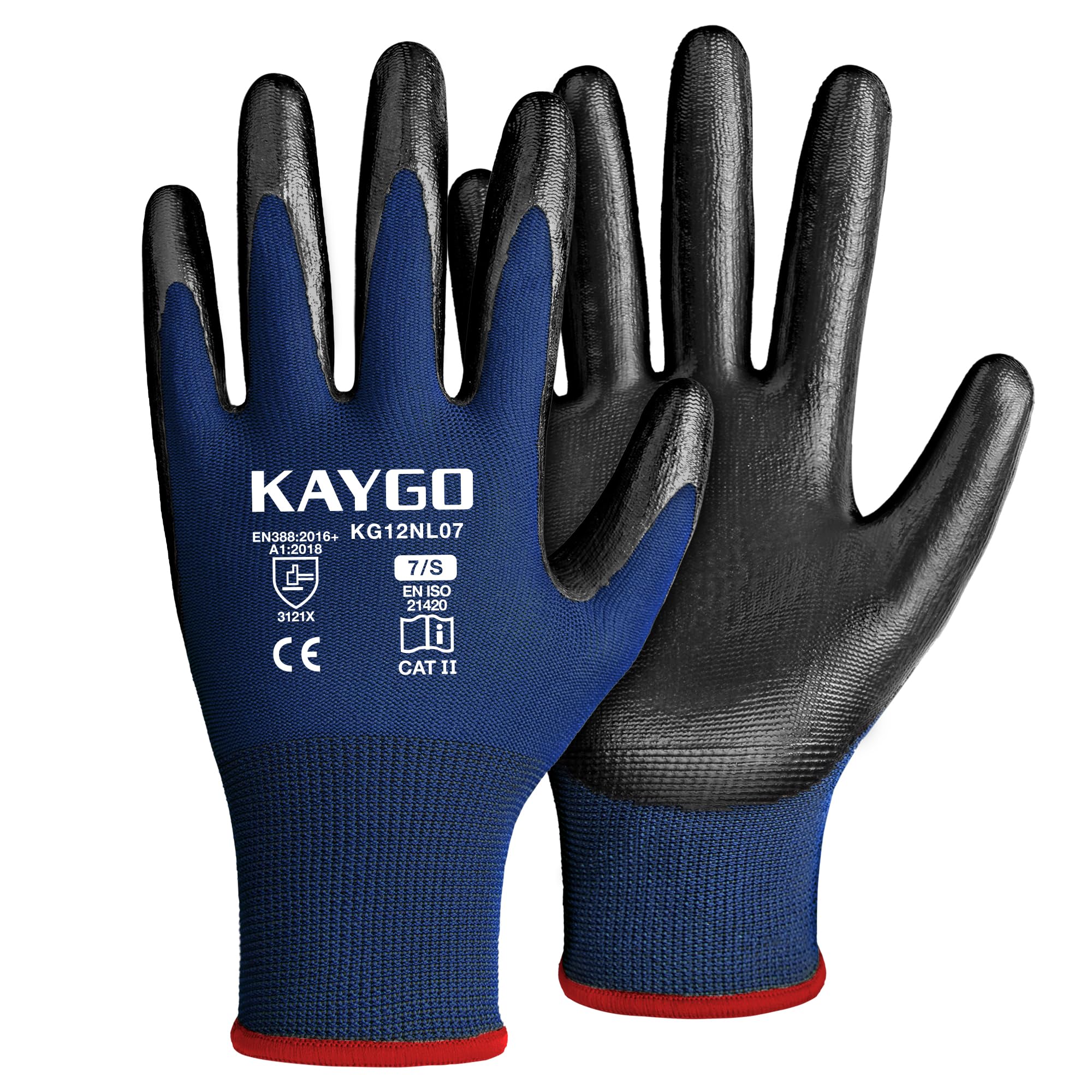 KAYGO Safety Work Gloves Nitrile Coated, Good Grip and Dexterity, 12 Pairs General Purpose Working Gloves for Men and Women, Ideal for Construction Warehouse Automotive DIY, KG12N (Blue, S) — image 1