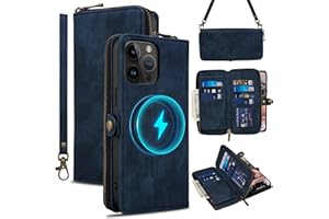 Rssviss Wallet Case for iPhone 15 Pro Crossbody with Card Holder Wrist Strap, Flip Zipper Case Compatible with Magsafe, RFID Blocking Purse Cover for iPhone 15 Pro Women Men 6.1 inch Darkblue