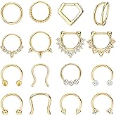 Besteel Hypoallergenic Septum Rings 16G 8mm Surgical Steel Clicker Nose Rings Hoops Set Small Lip Cartilage Helix Daith Piercing Jewelry for Women Men 16 Pcs Gold Plated Silver Black