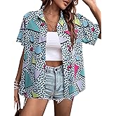 80s 90s Outfits for Women Retro Theme Party Disco Shirt 80s Hawaiian Shirt Neon Button Down Short Sleeve Blouse Tops