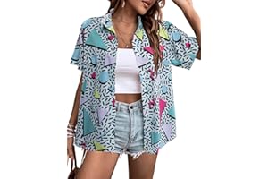 MOUSYA 80s 90s Outfits for Women Retro Theme Party Disco Shirt 80s Hawaiian Shirt Neon Button Down Short Sleeve Blouse Tops