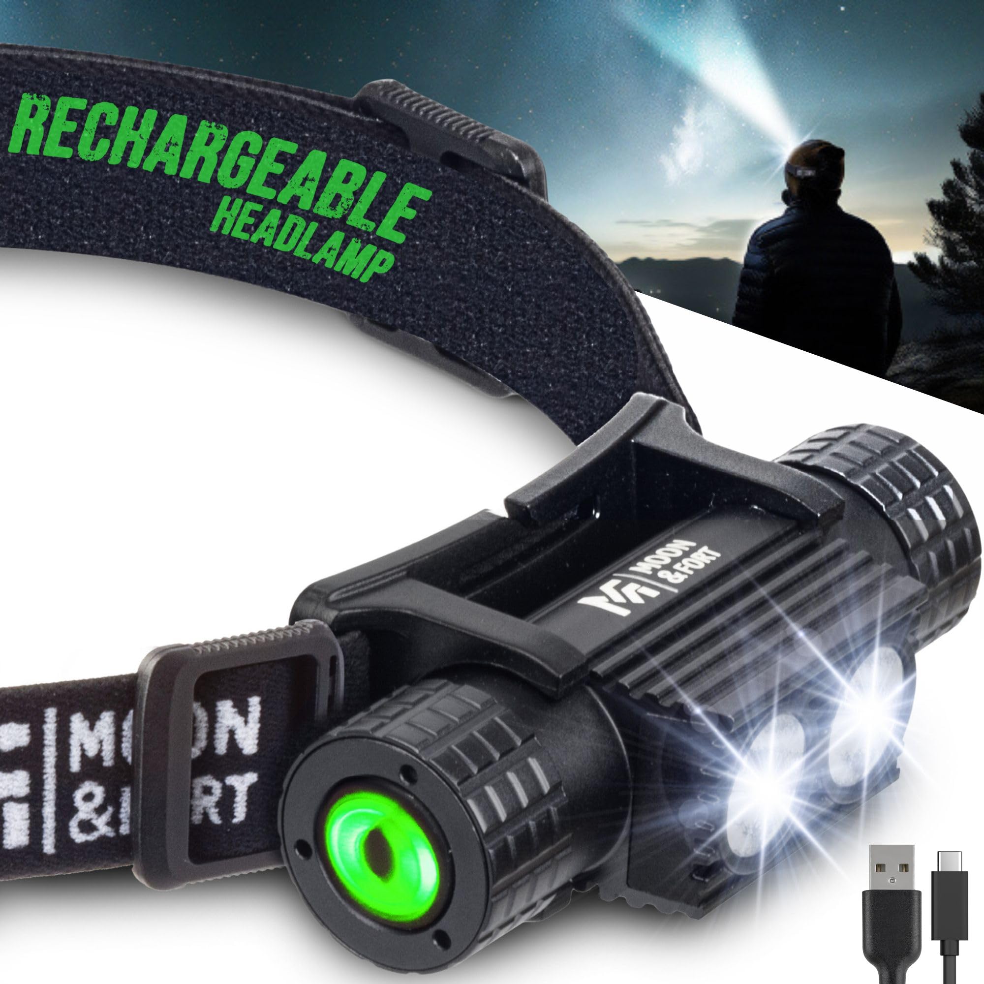 Photo 1 of Moon & Fort Ultra Bright LED Rechargeable Headlamp - 1000 Lumen Headlamp Rechargeable high Capacity 2000 MAH Batteries - Camping, Running, Fishing, Hiking Head Lights for Forehead (6 Unique Modes)
