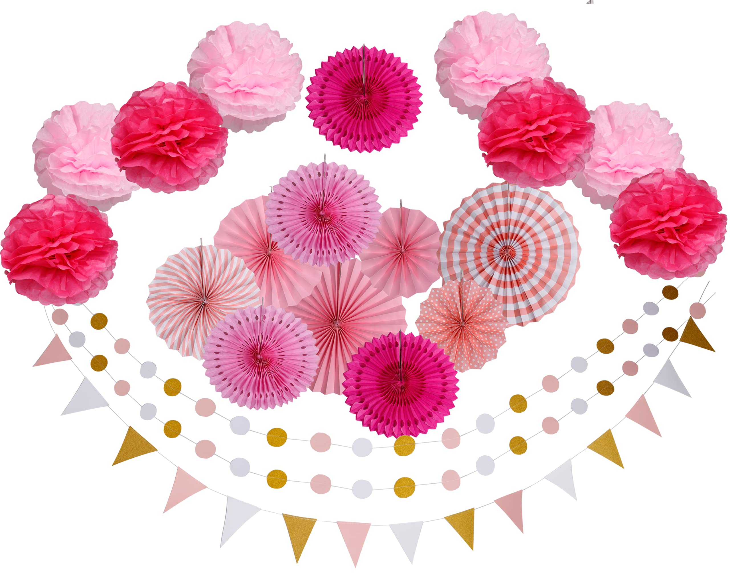 21 Pcs Pink Party Decorations Pink Decorations for Party Girls, Hanging Paper Fans, Paper Flower Pom Pom Banners for Adult Birthday, Baby Shower, Valentine Anniversaries, & Celebrations (Pink Shade)