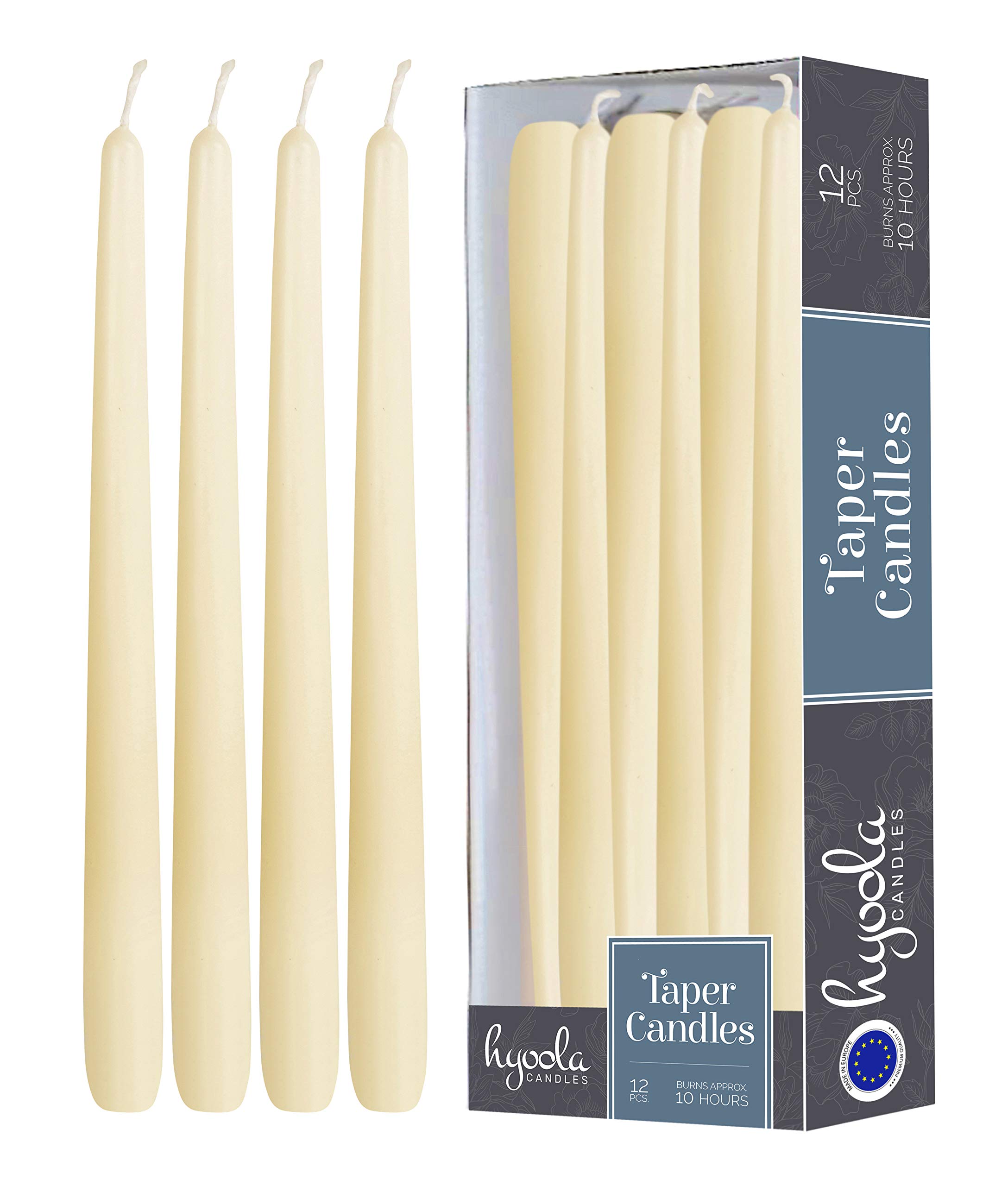 Hyoola Wool White Taper Candles - 300 mm (12 Inch) Unscented Dripless Taper Candles - 10 Hour Burn Time - 12 Pack