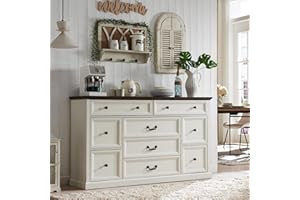 SinCiDo Farmhouse Buffet Cabinet, 60" Storage Cabinet w/9 Drawers, Large Wood Rustic Sideboard Cabinet w/Three Drawer Sizes, Coffee Bar Cabinet for Dinning Room, Hallway, Bedroom, White