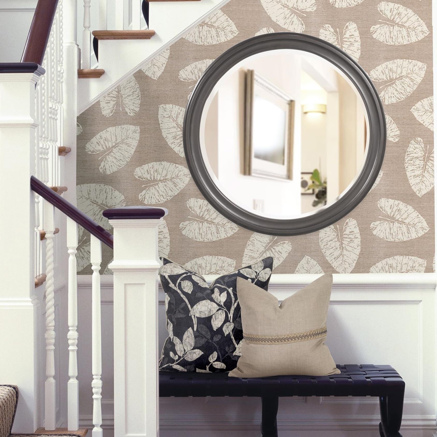 Howard Elliott George Round Glossy Charcoal Wall Mirror, Bevelled Vintage Hanging Wood Framed Vanity Mirrors for Home Decor, Living Room, Bathroom, Bedroom, or Hallway, 36 Inch Round