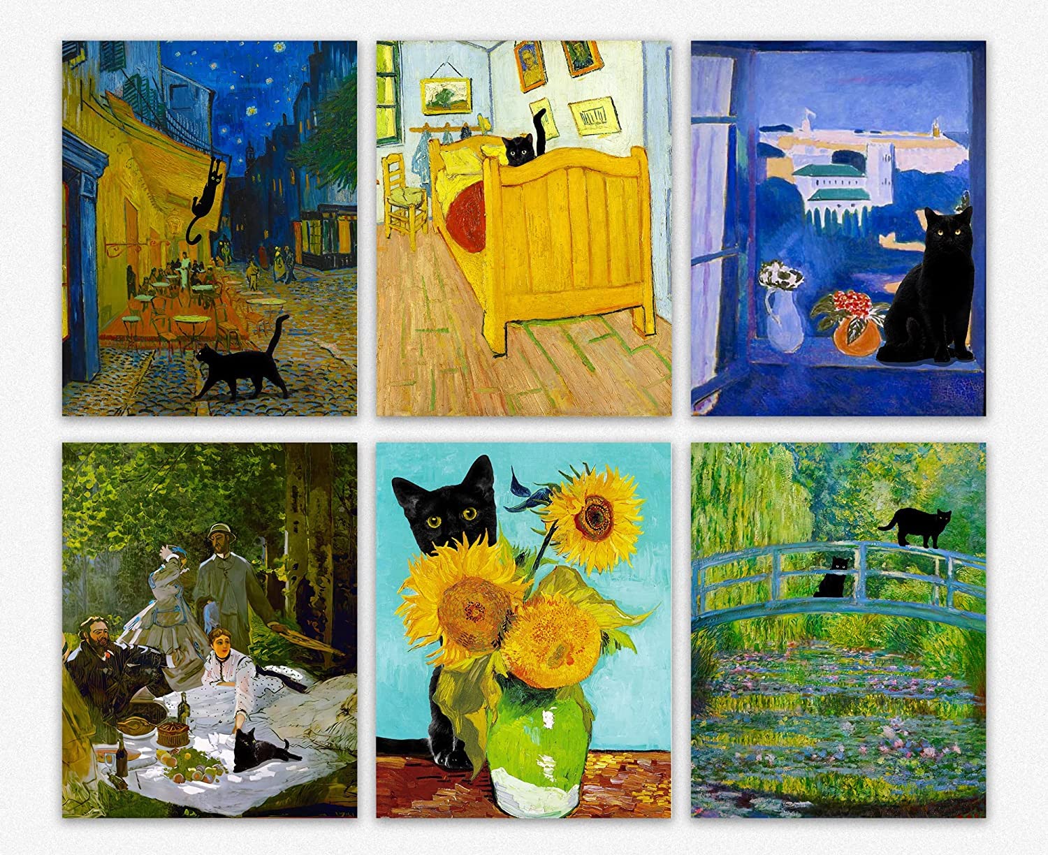 Famous Paintings Fine Arts Wall Decor - Cat Vintage Sign Funny Black Coffee Bar Sign Decor & Cute Vintage Home Decor/Aesthetic Posters for Bathroom Wall Art/Cat Lover Gifts Set Home Decor (8x10)