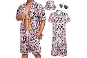 Mens Hawaiian Shirt Shorts Set 4 Piece 80s Short Sleeve Outfits for Vacation Beach Summer Shorts Bucket Hat Sunglasses (Style