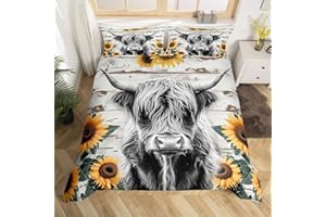 FEELYOU Highland Cow Bedding Set Kids Farm Highland Cattle Comforter Cover Set for Girls Women Sunflower Farmhouse Style Duvet Cover King Size Breathable Wood Grain Bedspread Cover Room Decor Quilt Cover