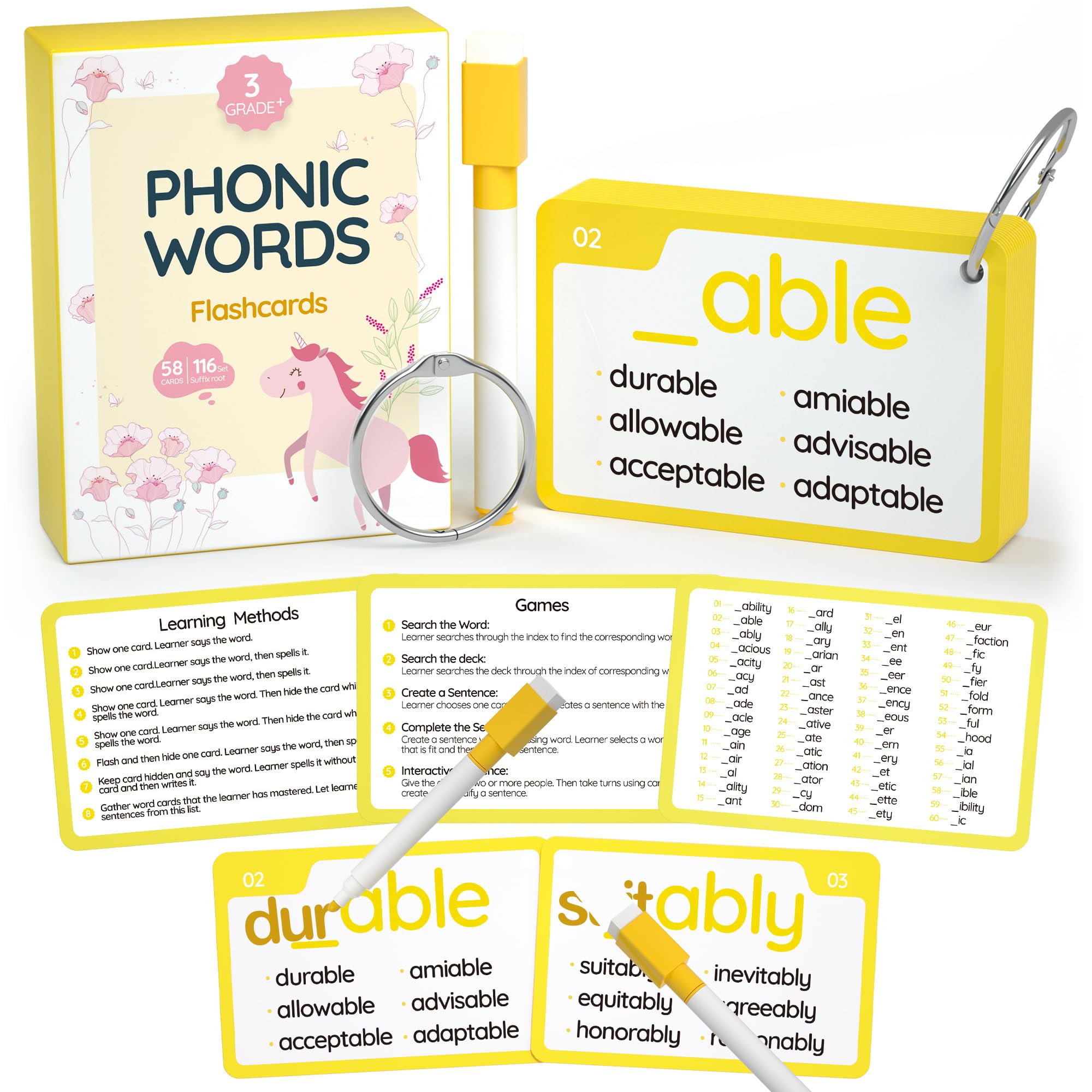WJPC 116 Set Phonics Suffix Words Flash Cards,Phonics Sigh Words Flash Cards For 7,8,9,10,11,12 Years 2nd, 3rd, 4th, 5th Grade Boys&Girls&Kids Learning Writing Reading