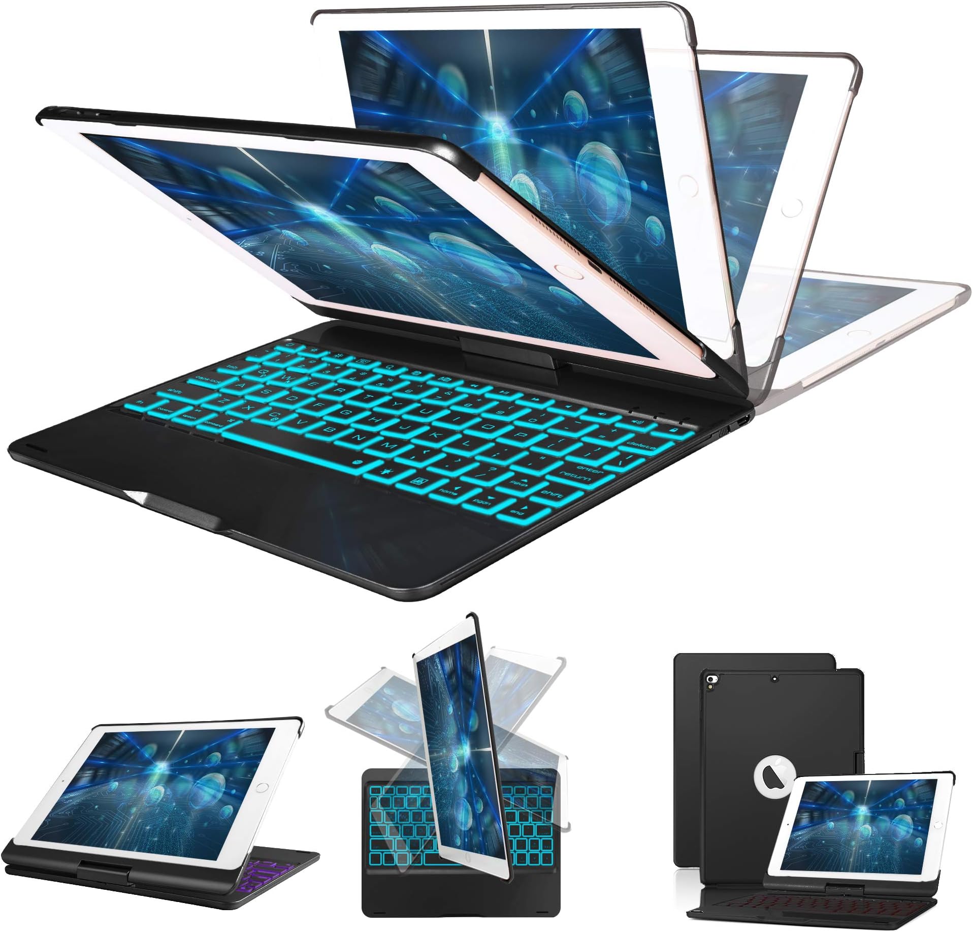 New iPad Keyboard Case 9.7 Inch for New 2018 iPad, 2017 iPad, iPad Pro 9.7, iPad Air 1 and 2, 7 Colors Backlight, 360° Rotatable, Auto Sleep/Wake, iPad Case with Keyboard 9.7", Black