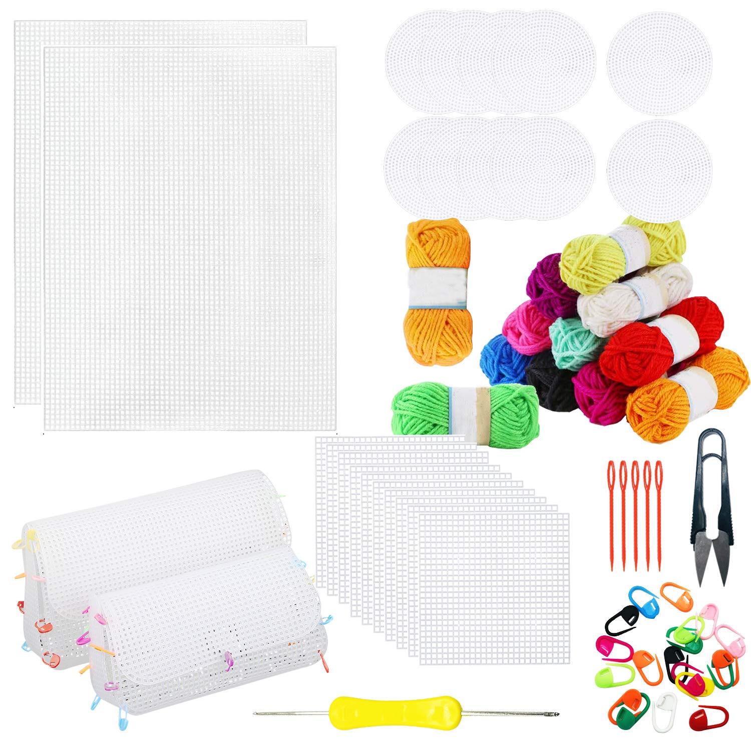 Allazone 57 PCS Mesh Plastic Canvas Sheets Kit Including 24 PCS Plastic Canvas, 12 Color Acrylic Yarn for DIY Crafts Embroidery Cross Stitch, Acrylic Yarn Crafting, Knit and Crochet Projects — image 1