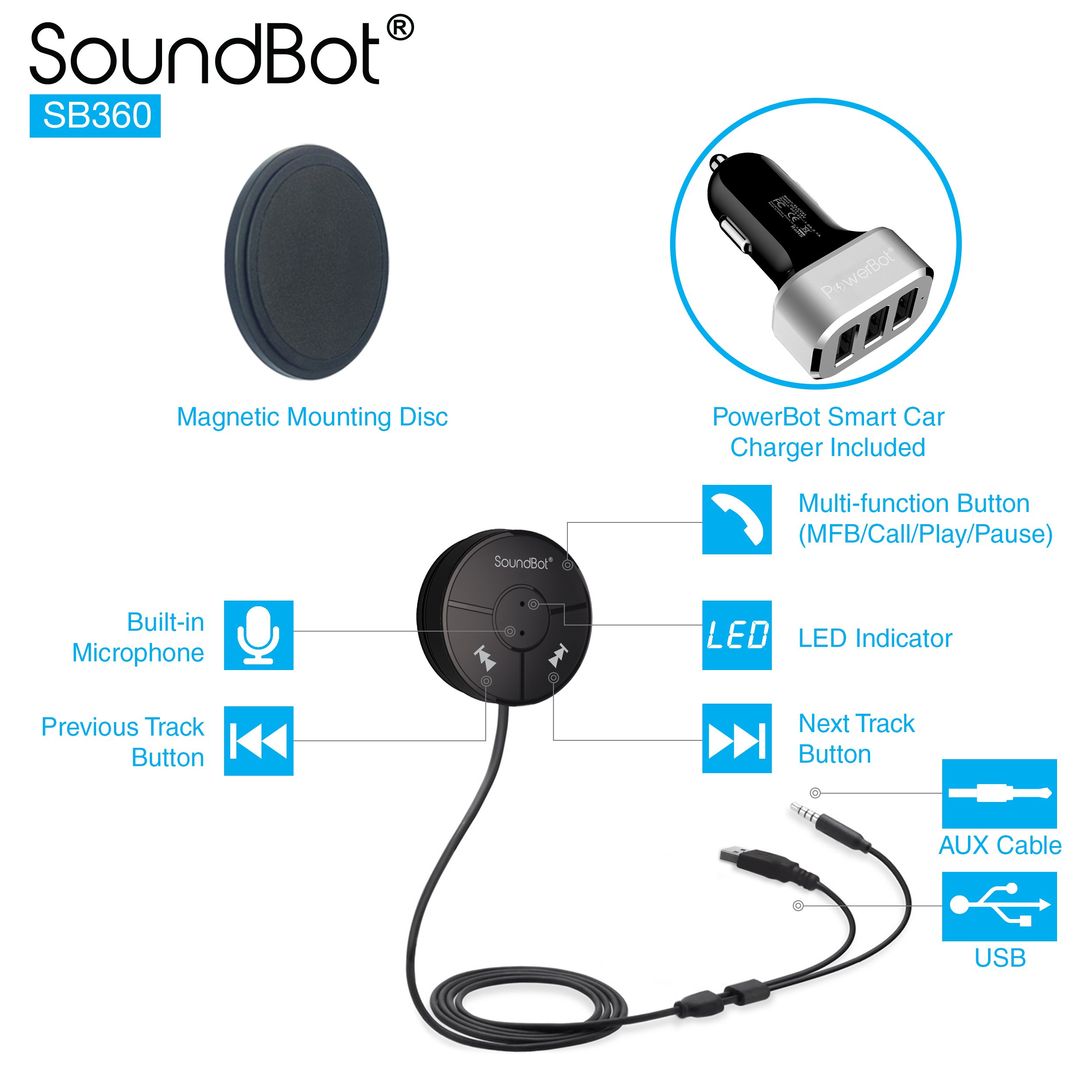 SoundBot SB360 Bluetooth Car Kit Wireless Universal Receiver Transmitter Hands-Free Talking & Music Streaming Dongle w/ 10W Dual Port 2.1A USB Charger + Magnetic Mounts + Built-in 3.5mm Aux Cable