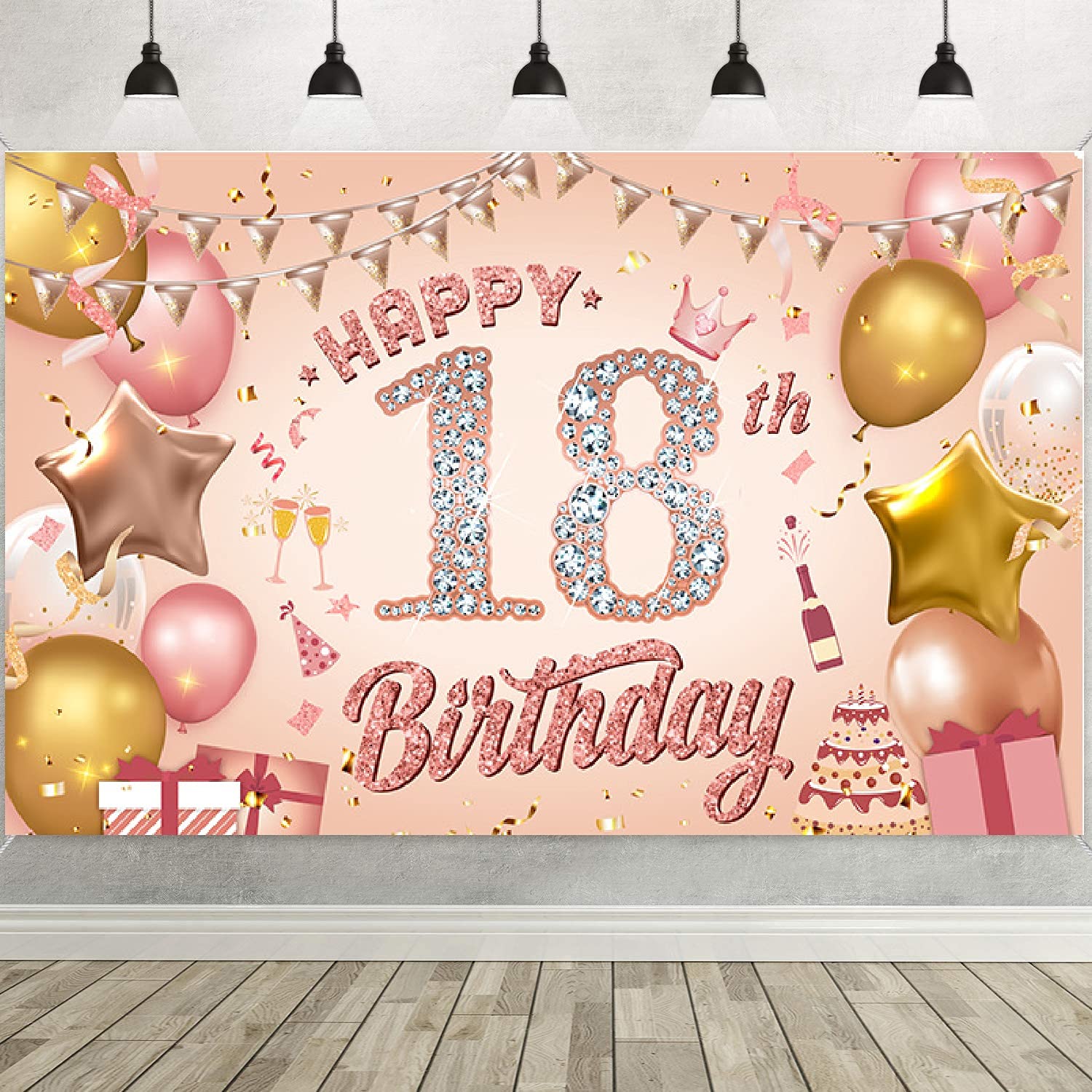 Happy 18th Birthday Banner Rose Gold Birthday Party Decoration Backdrop, 18th Birthday Poster Fabric Banner Photography Background for Girls Women, 110 x 180 cm (18TH)