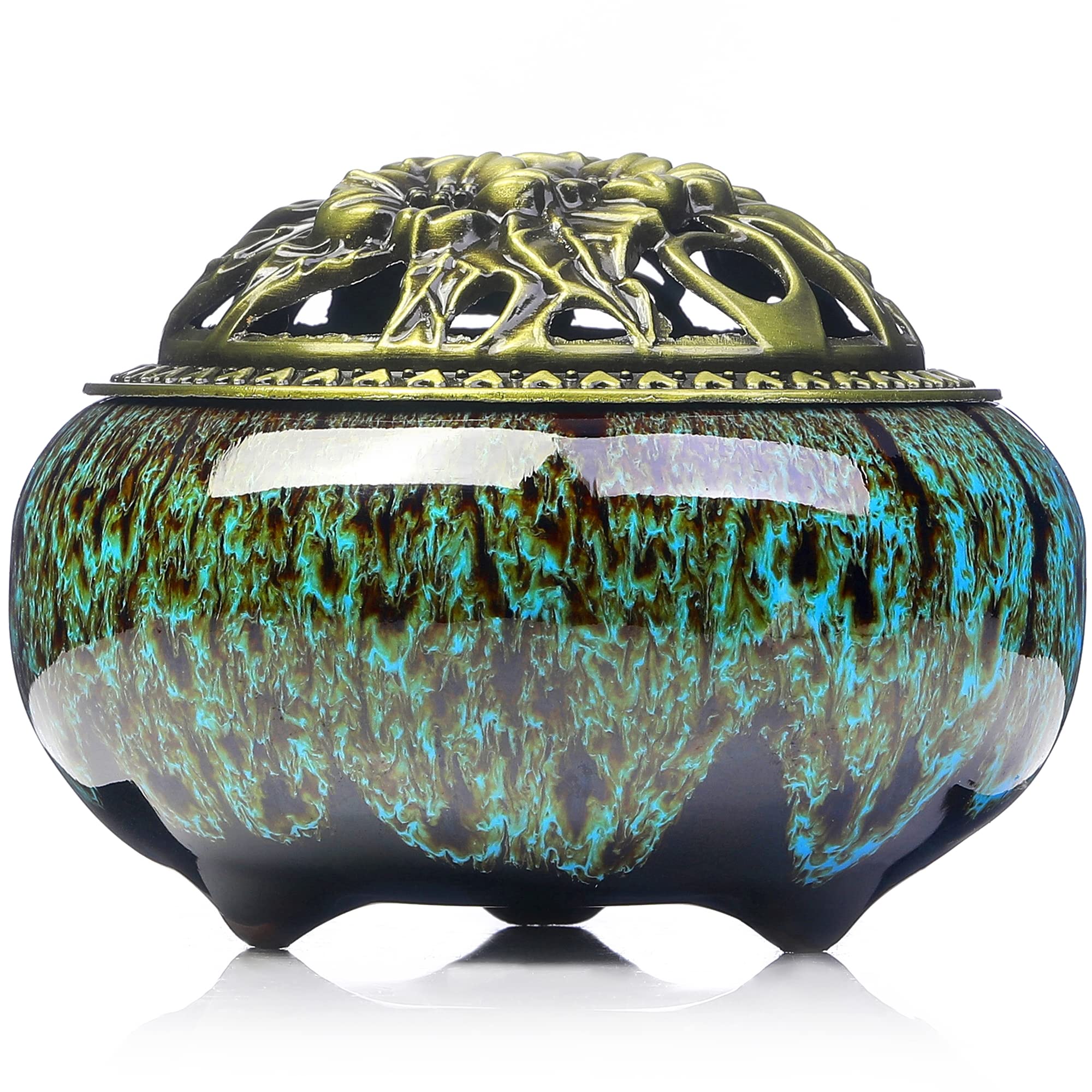 Photo 1 of LamDawn Incense Burner with Calabash Incense Stick Holder - Porcelain Charcoal Censer for Use with Resin Granular Powder Cone or Coil Incense (Kiln-Colored Blue)