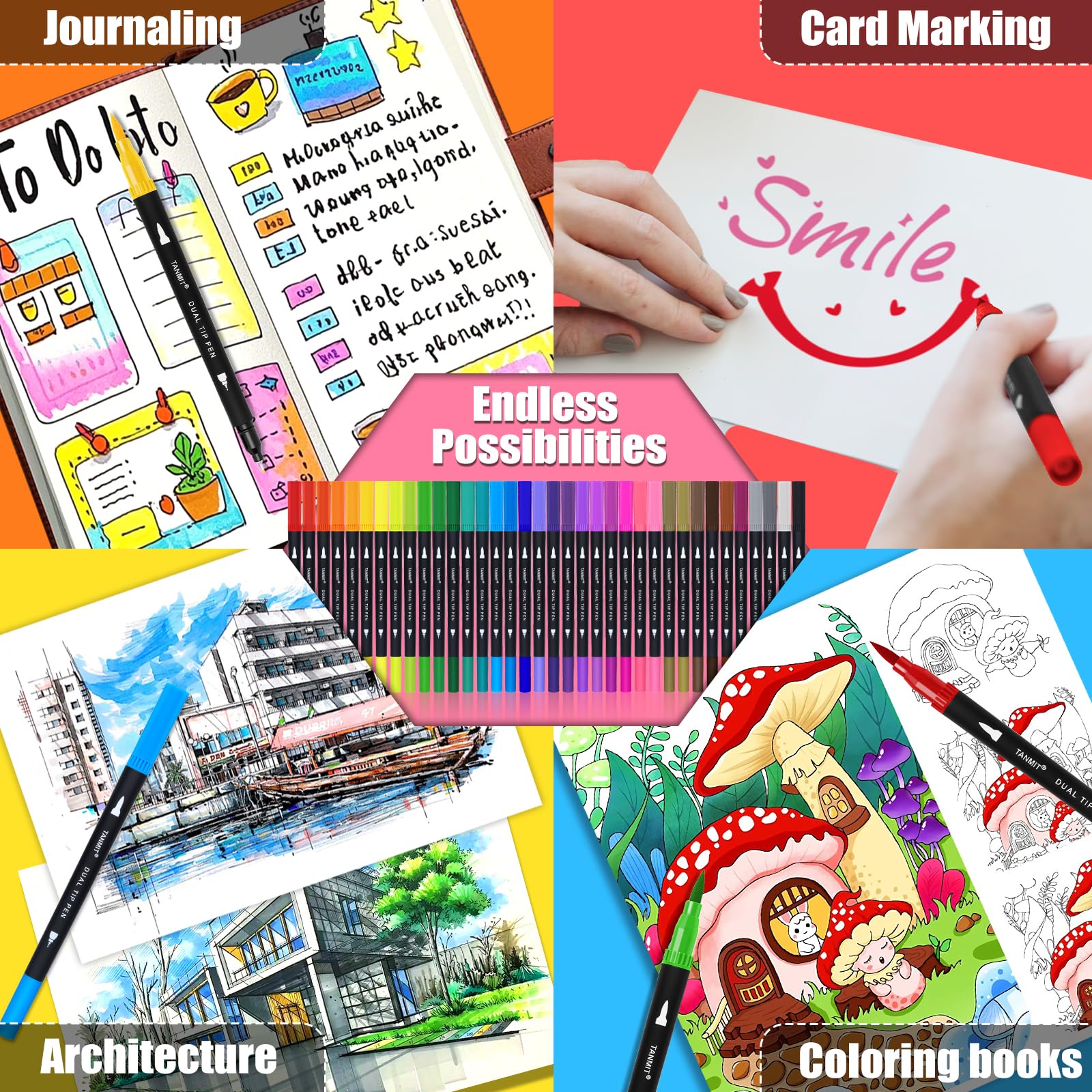 TANMIT 36 Colors Dual Brush Marker Pens for Adult Coloring Books, Fine & Brush Tip Art Markers with Colored Cap, Aesthetic Cute Art Suppliers for Journaling Drawing Craft