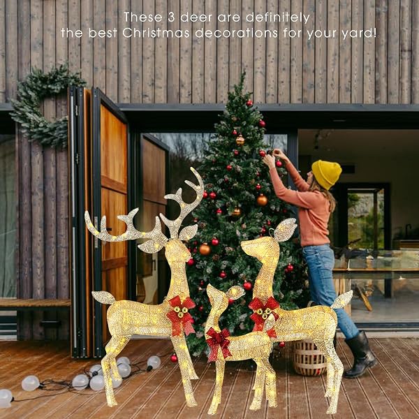 5FT LIGHT UP CHRISTMAS REINDEER OUTDOOR DECOR, 3PCS LARGE HANDMADE CHRISTMAS DEER DECORATIONS WITH 240 LED FOR YARD DISPLAY HOME DECOR, SAFE MATERIAL METAL GROUND STAKES, PLUG AND PLAY